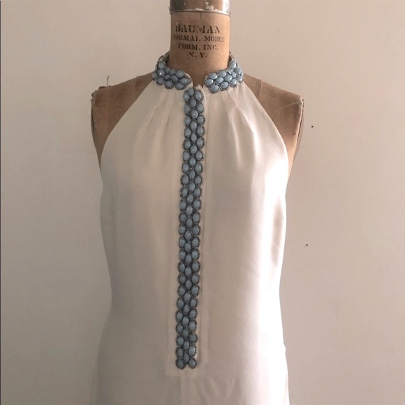 J.DOSI]Turquoise Embellishment Cream Silk Crepe Halter neck Backless Dress - Picture 9 of 16